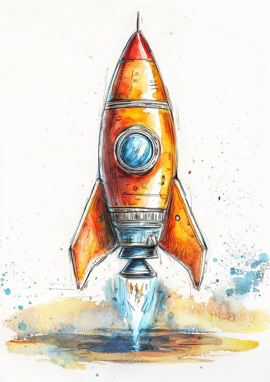 Foguete laranja e vermelho decolando ilustração aquarela