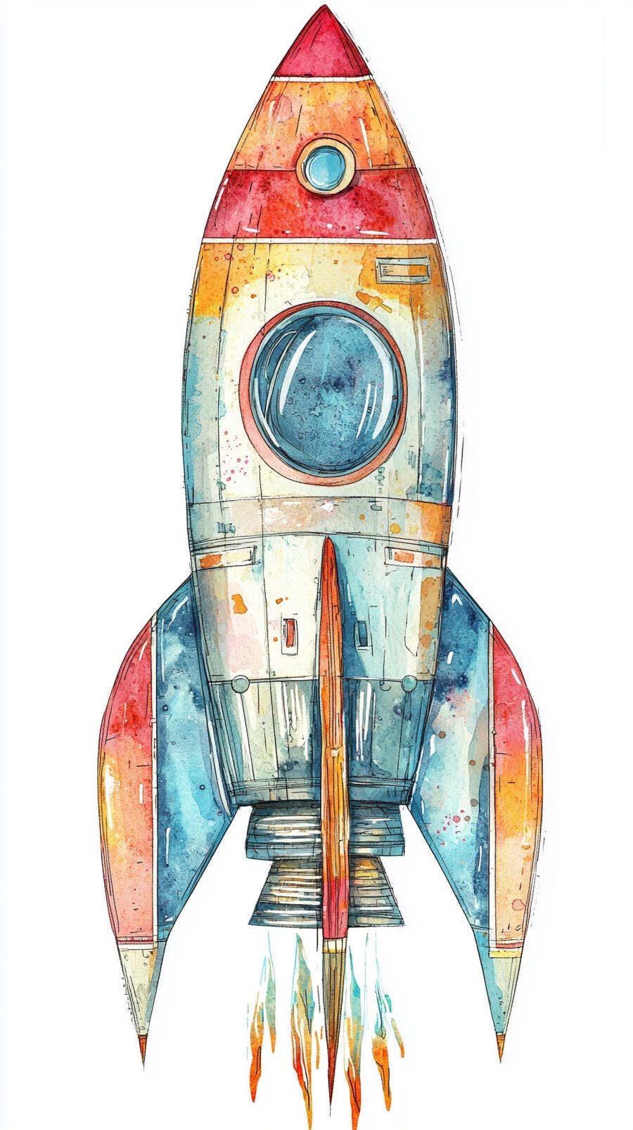 Foguete colorido em aquarela decolando para o espaço com chamas vibrantes