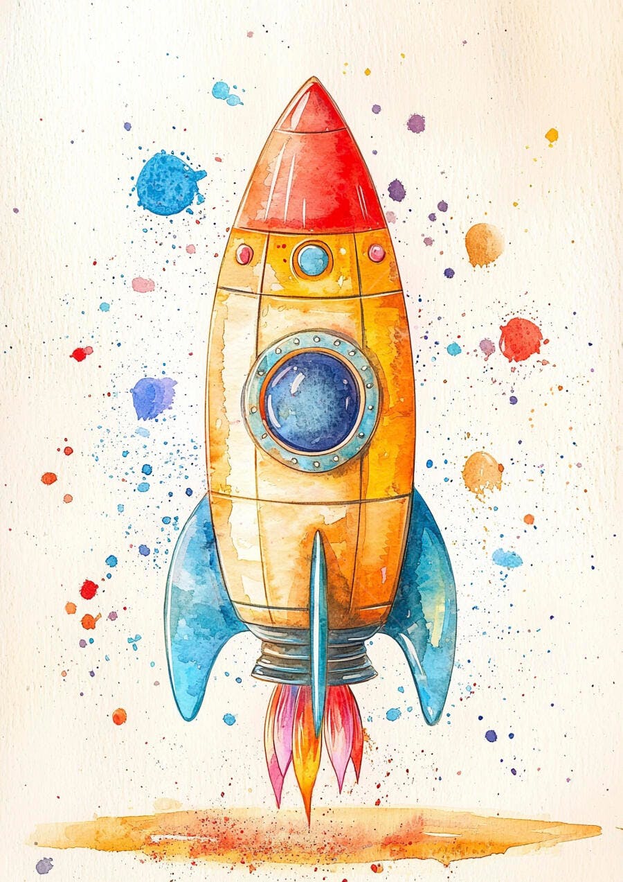 Foguete infantil de aquarela colorido com respingos de tinta no fundo branco