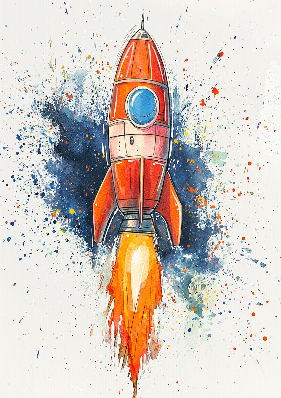 Foguete vermelho e azul decolando com respingos de aquarela vibrantes