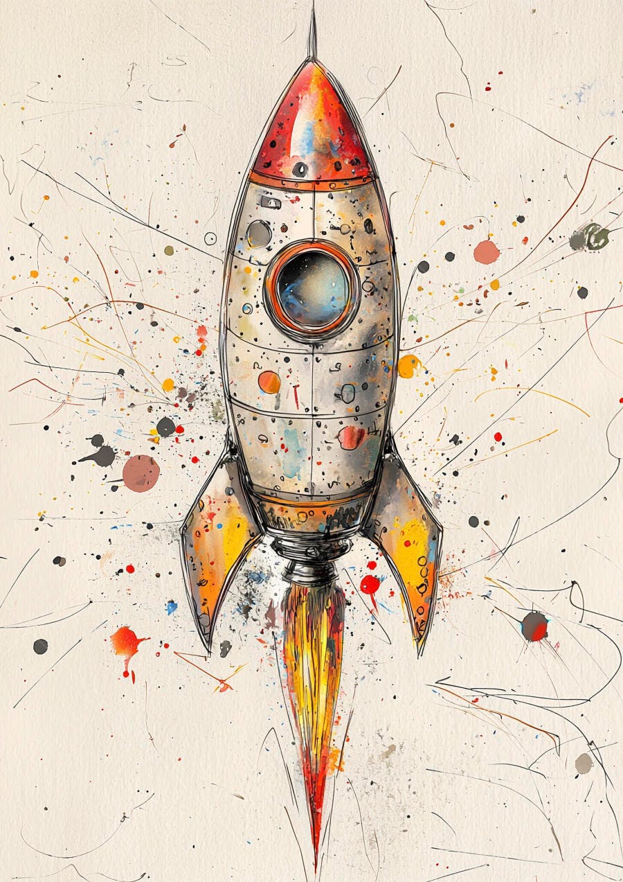 Foguete espacial ilustrado em aquarela com respingos de tinta coloridos