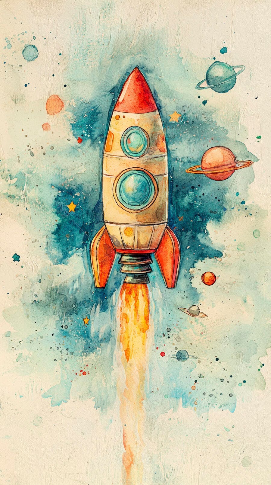 Foguete de aquarela colorido lançando no espaço com planetas e estrelas