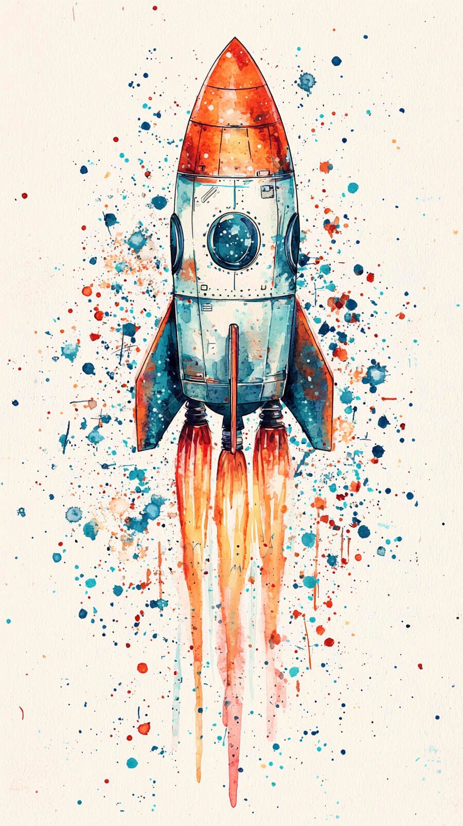 Foguete colorido em aquarela decolando com respingos criativos