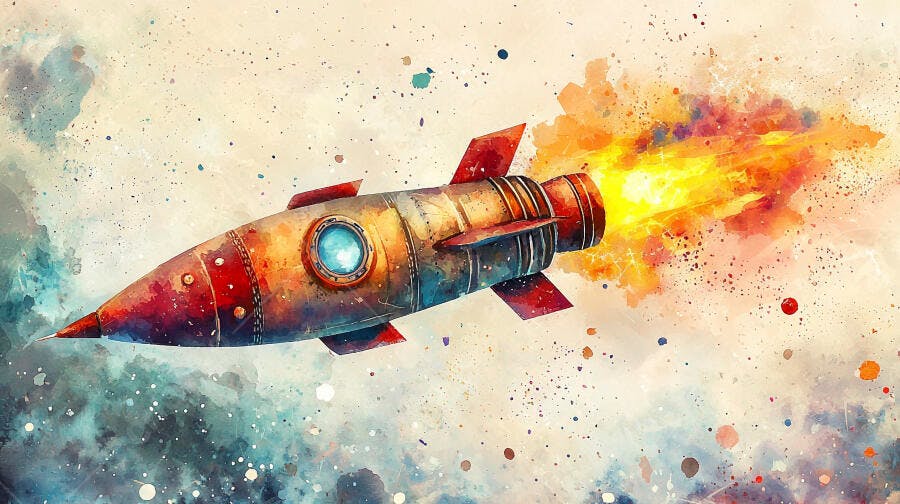 Foguete decolando com explosão colorida em aquarela abstrata