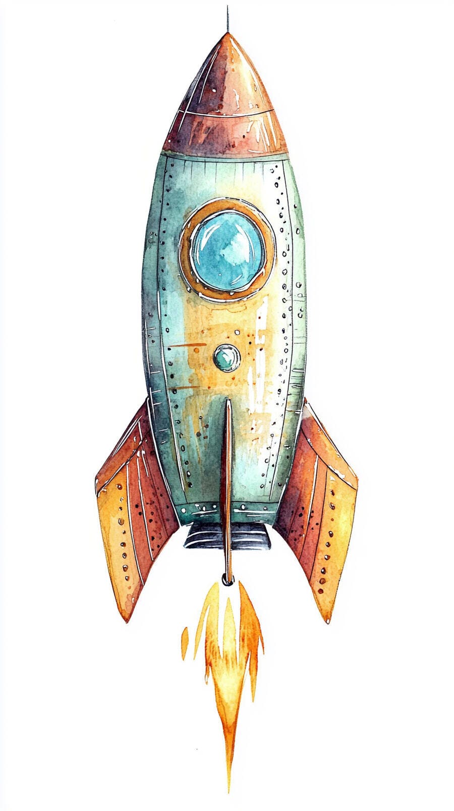 Foguete vintage em aquarela decolando com chamas laranja