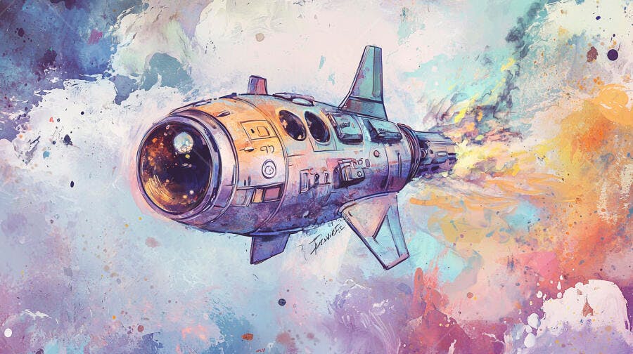 Nave futurista submarina em aquarela abstrata com explosão de cores vibrantes