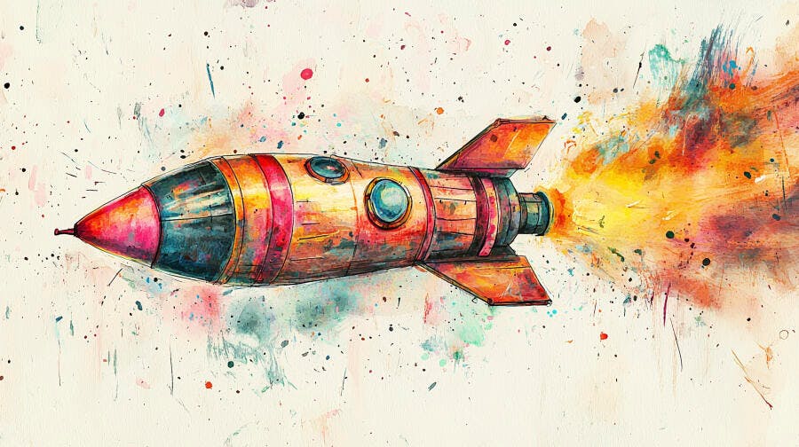 Foguete colorido estilo aquarela com rastro vibrante de tinta
