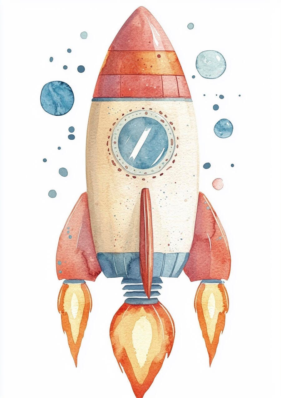 Foguete de aquarela branco e vermelho com chamas laranja voando no espaço