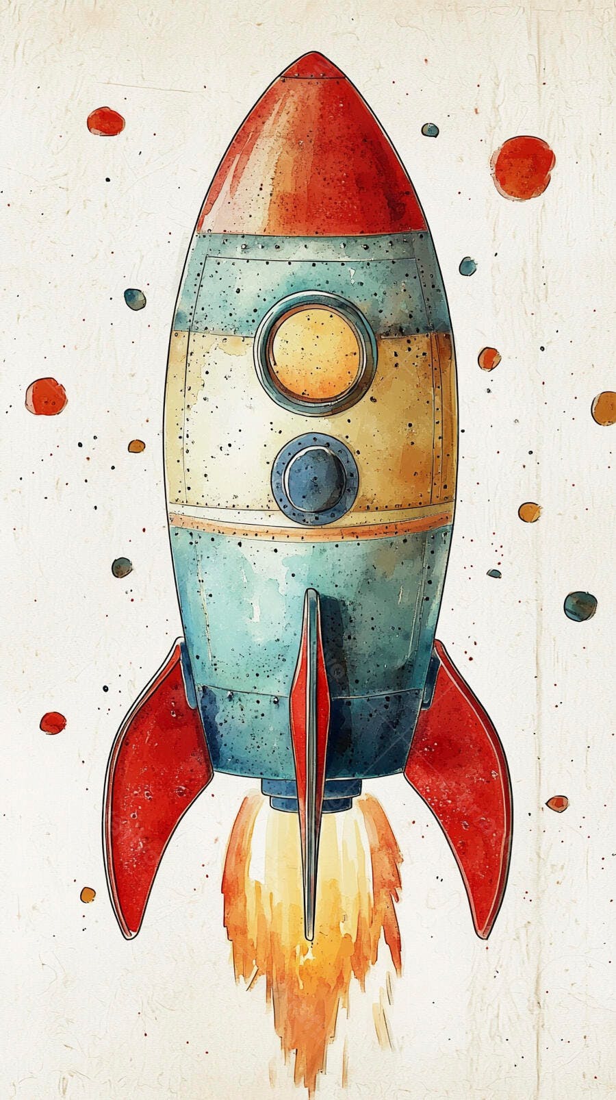 Foguete vintage azul e vermelho com chamas de lançamento ilustrado em aquarela