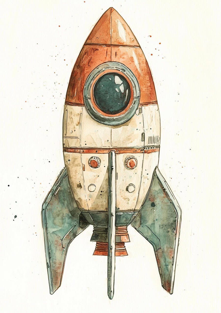 Foguete vintage de aquarela com cores laranja e teal sobre fundo branco