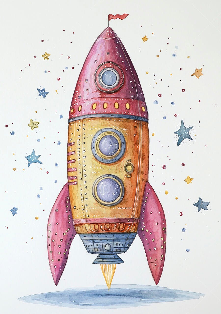 Foguete decolando rosa laranja azul com estrelas ilustração infantil