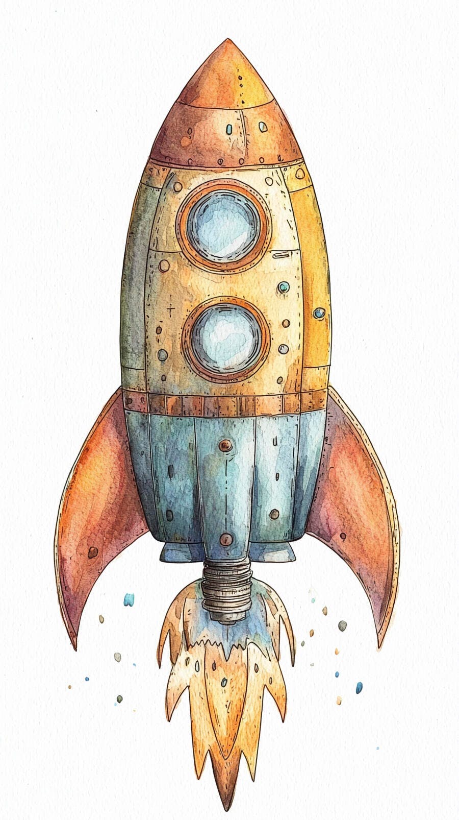 Foguete vintage de aquarela azul e laranja voando em fundo branco