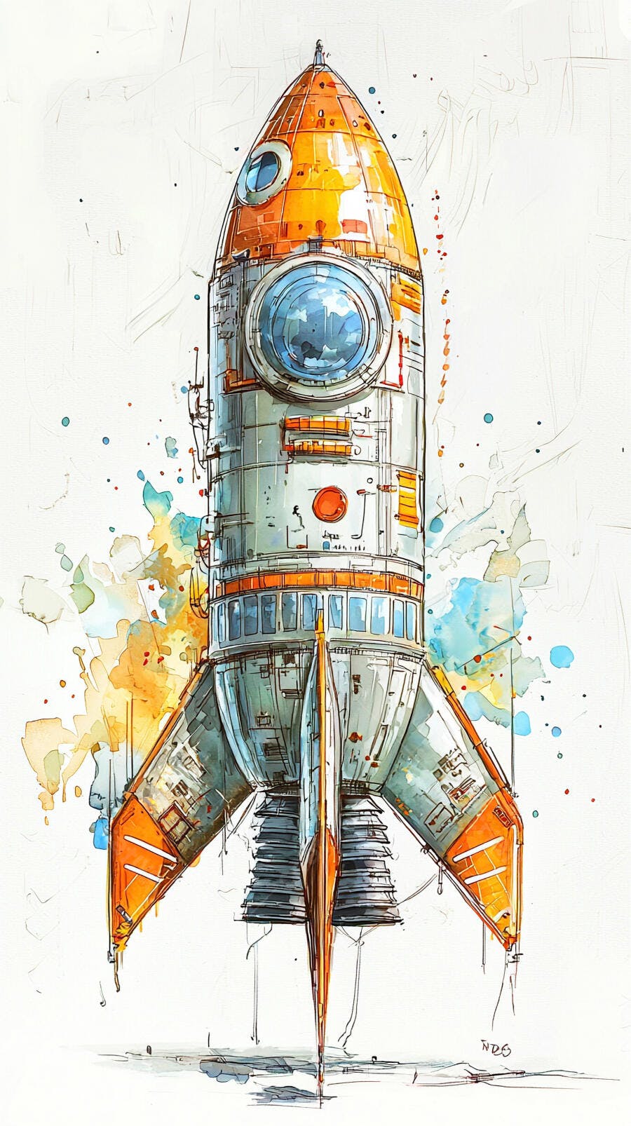 Foguete colorido estilo aquarela em ilustração futurista