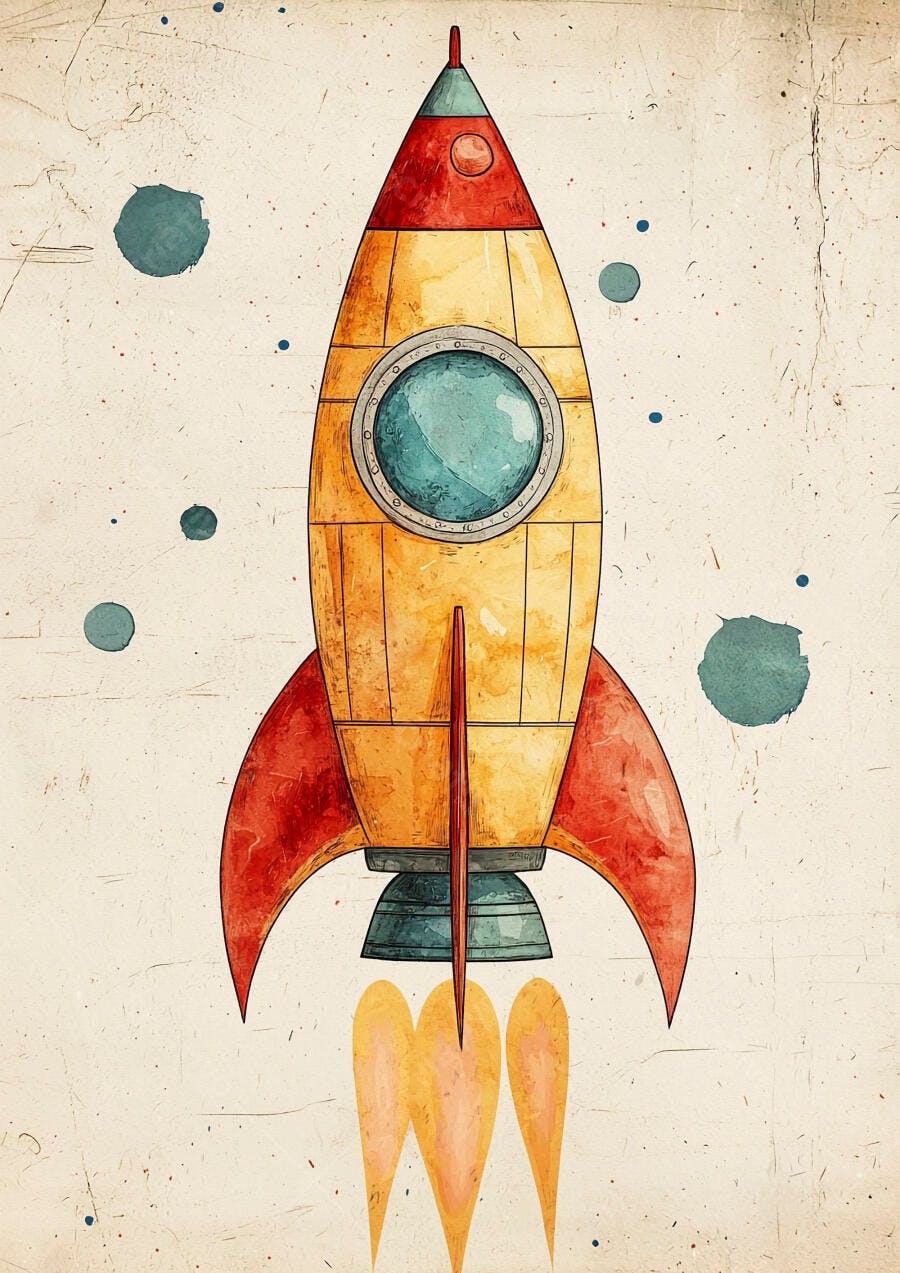 Foguete colorido estilo aquarela voando no espaço sideral ilustração