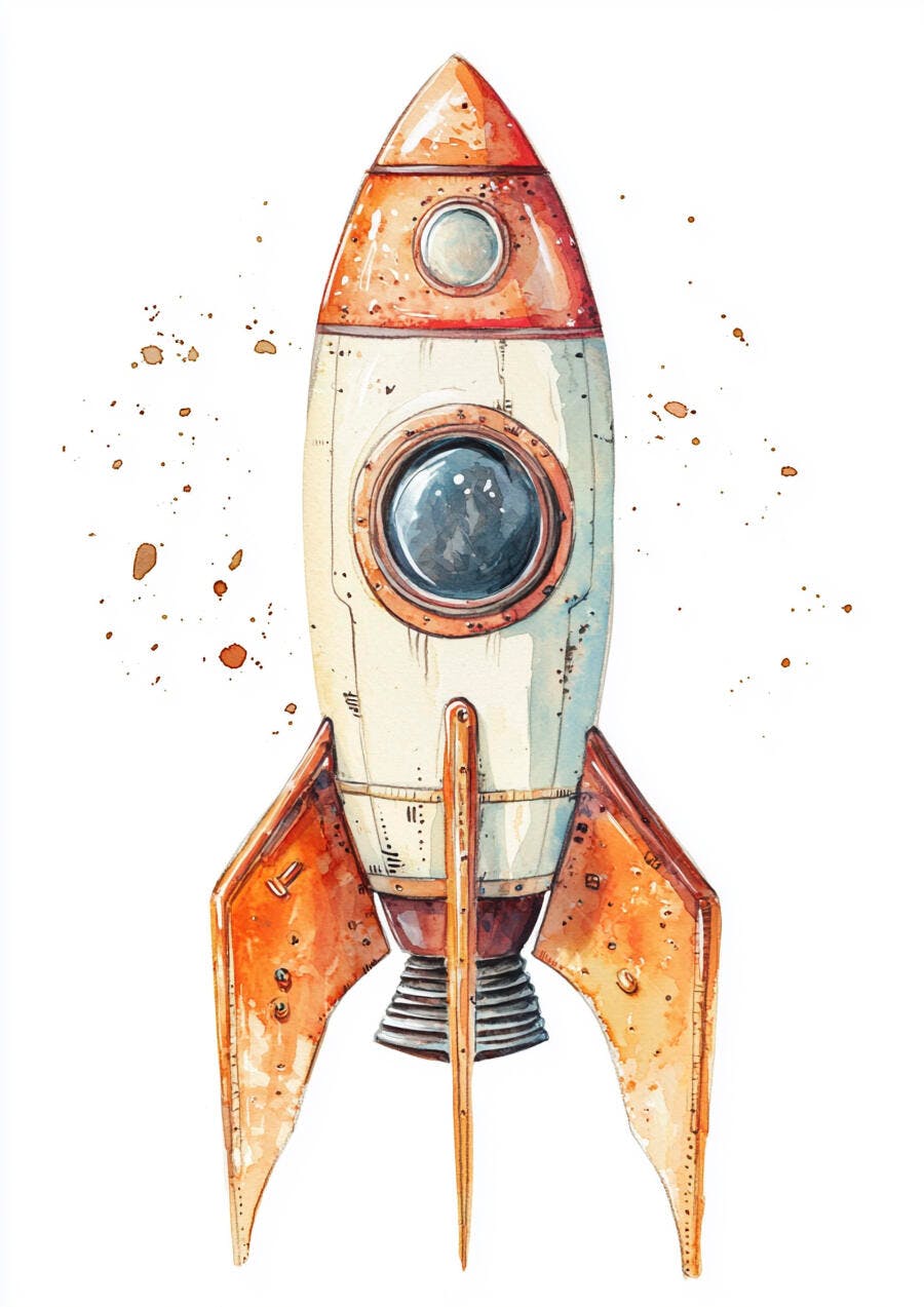 Foguete vintage aquarela laranja e creme com respingos artísticos