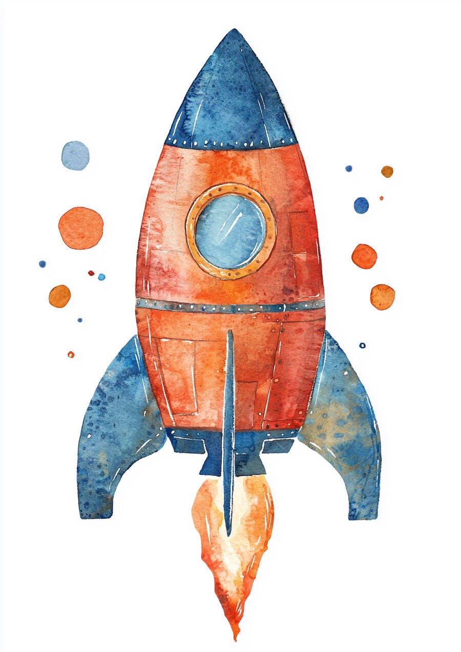 Foguete laranja e azul ilustração aquarela infantil voando