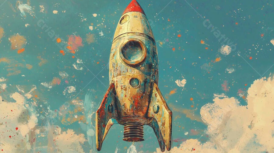 Foguete espacial vintage pintado com cores vibrantes em céu azul artístico