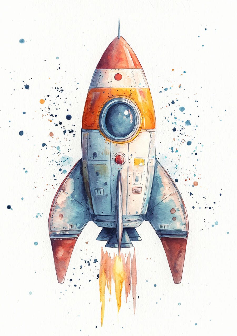 Foguete em aquarela com chamas laranja e detalhes azuis