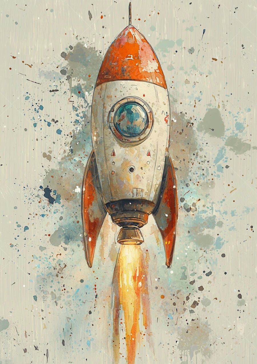 Foguete vintage branco e laranja decolando em arte aquarela