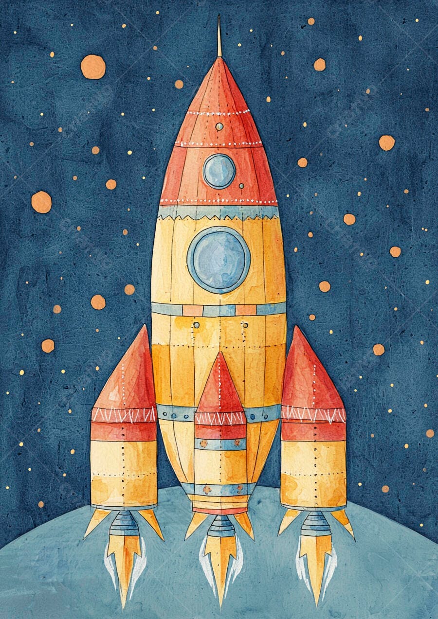 Foguete vermelho e amarelo decolando no espaço estrelado ilustração infantil