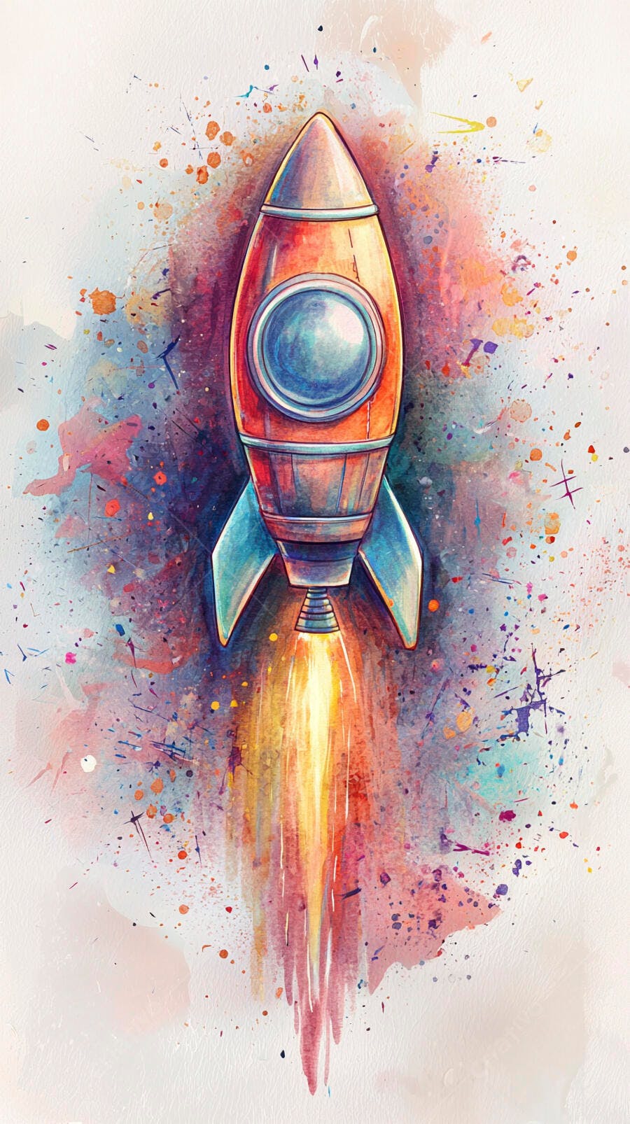 Foguete laranja azul aquarela com rastro de fogo vibrante arte digital