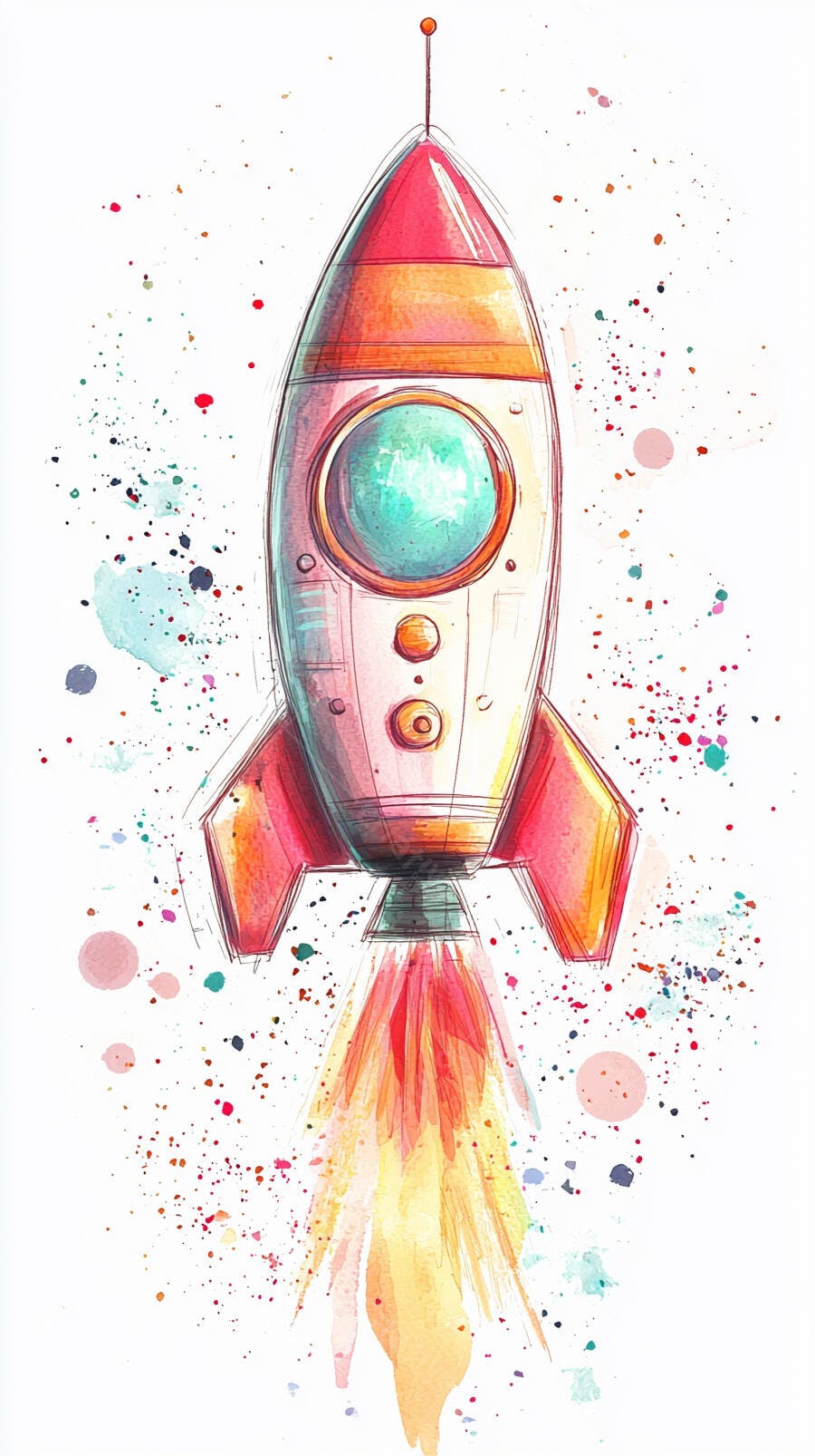 Foguete colorido em aquarela decolando com respingos vibrantes