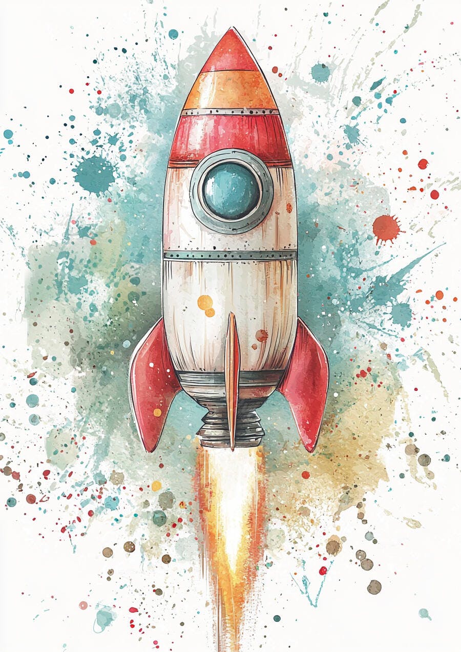 Foguete decolando ilustração aquarela colorida para crianças