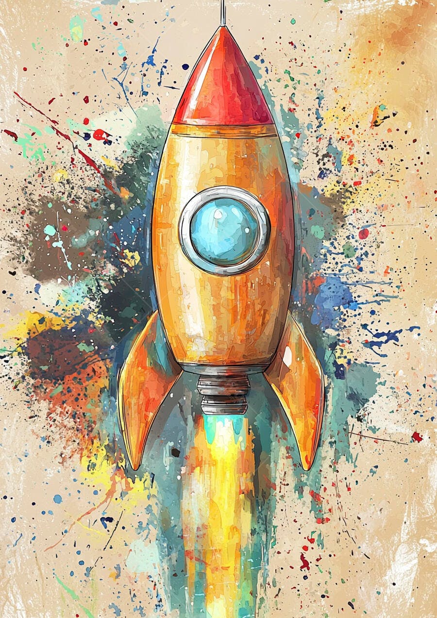 Foguete laranja e vermelho em lançamento com fundo de respingos de tinta aquarela