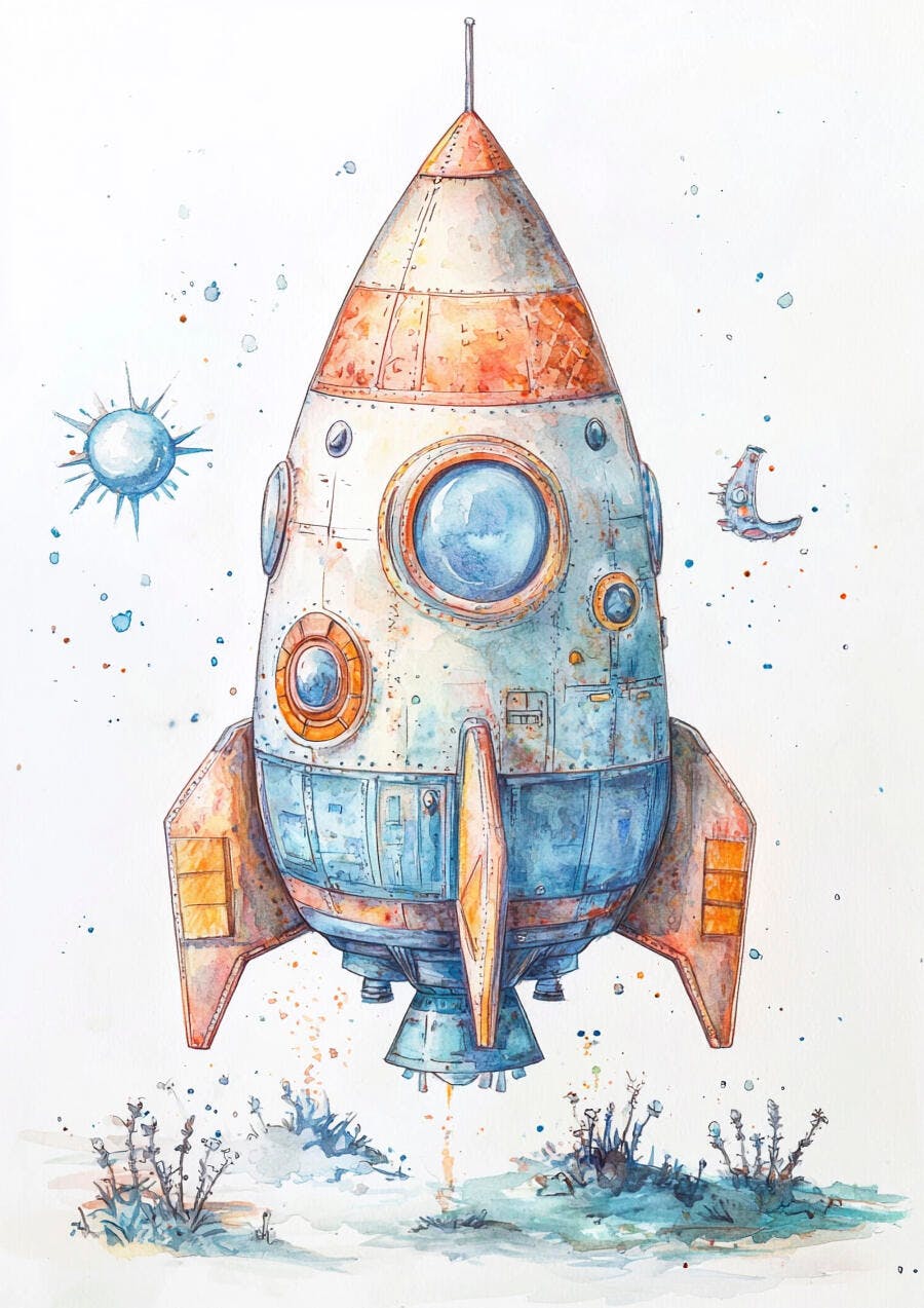 Foguete aquarela laranja e azul em paisagem espacial lúdica