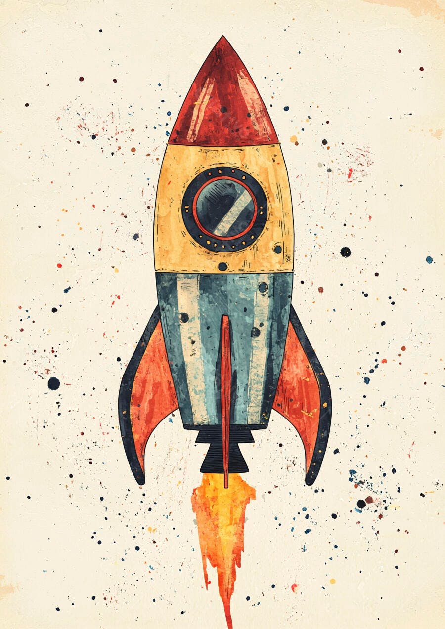 Foguete amarelo azul e vermelho decolando ilustração aquarela vintage