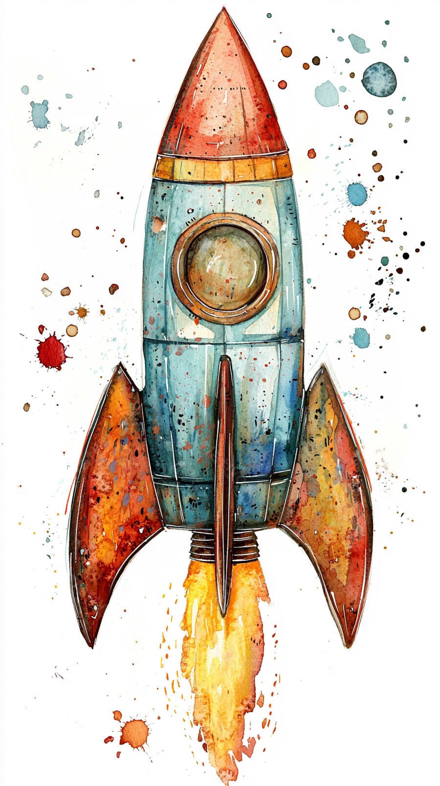 Foguete colorido azul e laranja decolando em aquarela artística