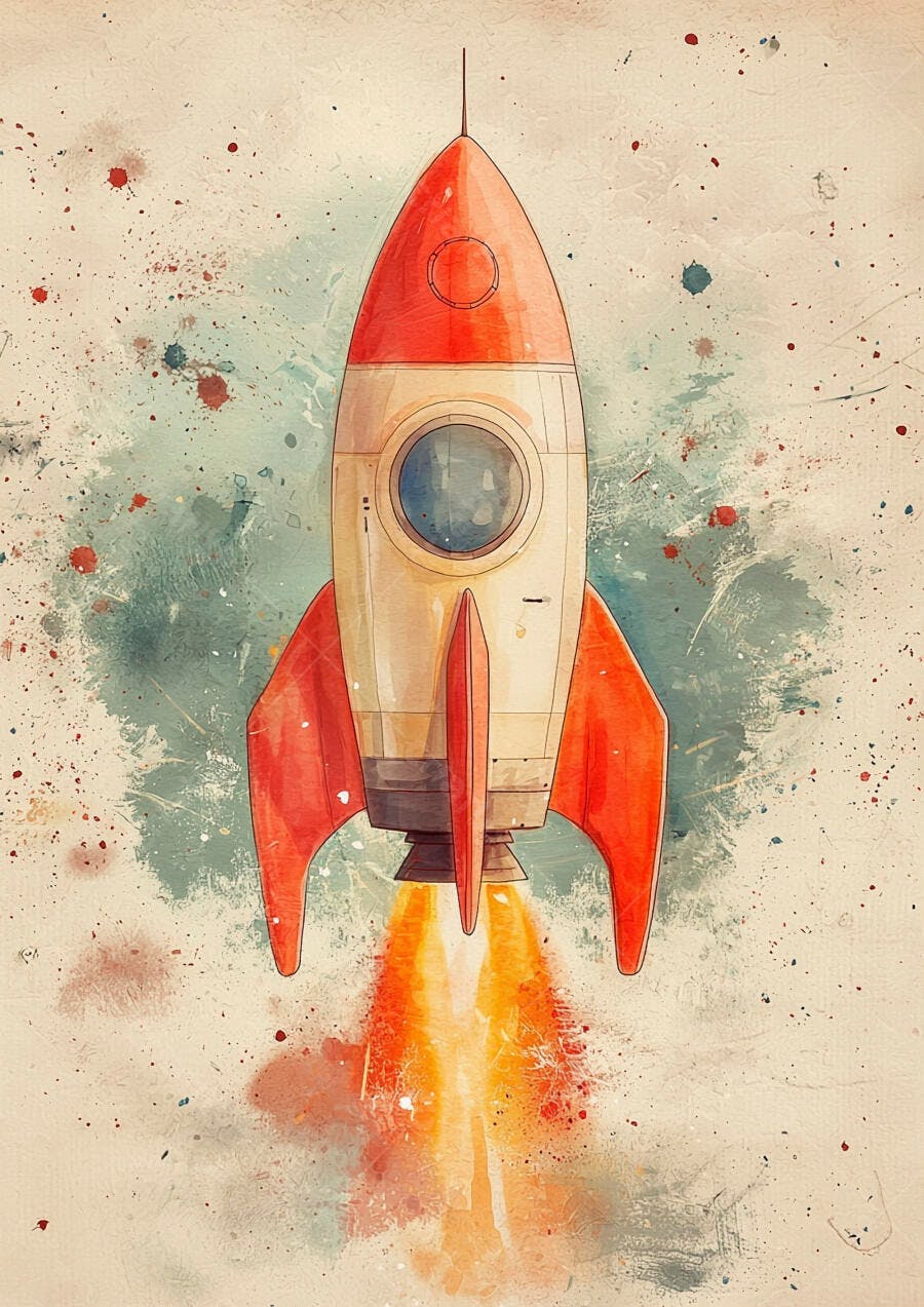 Foguete vintage decolando com chamas vibrantes em ilustração aquarela