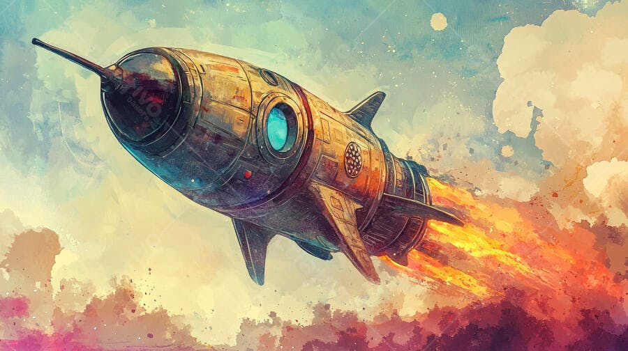 Foguete espacial vintage decolando no céu alaranjado com nuvens vibrantes