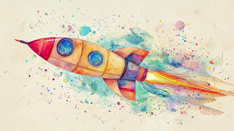 Foguete de aquarela colorido voando com respingos de tinta artísticos