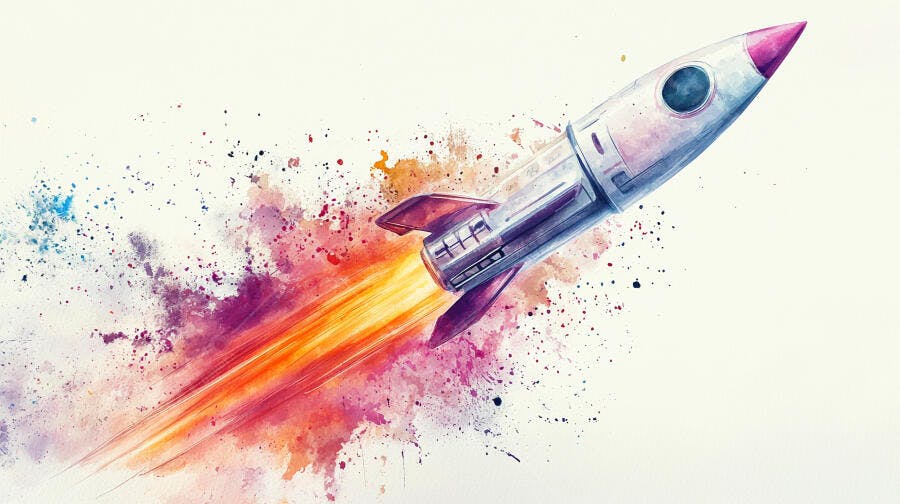 Foguete espacial de aquarela colorido decolando com rastro vibrante