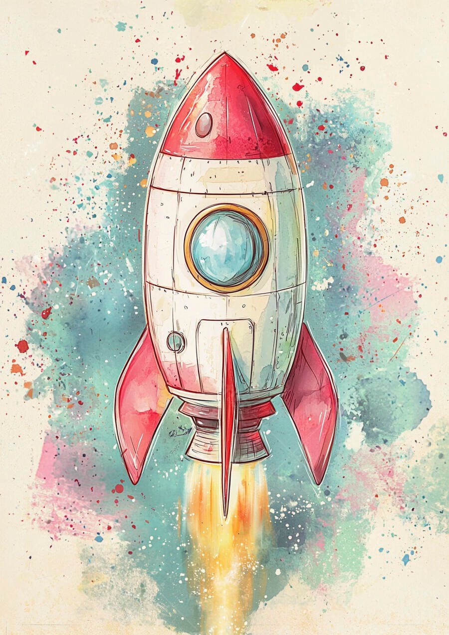Foguete a jato vermelho e branco com rastro de fogo em aquarela colorida ilustração