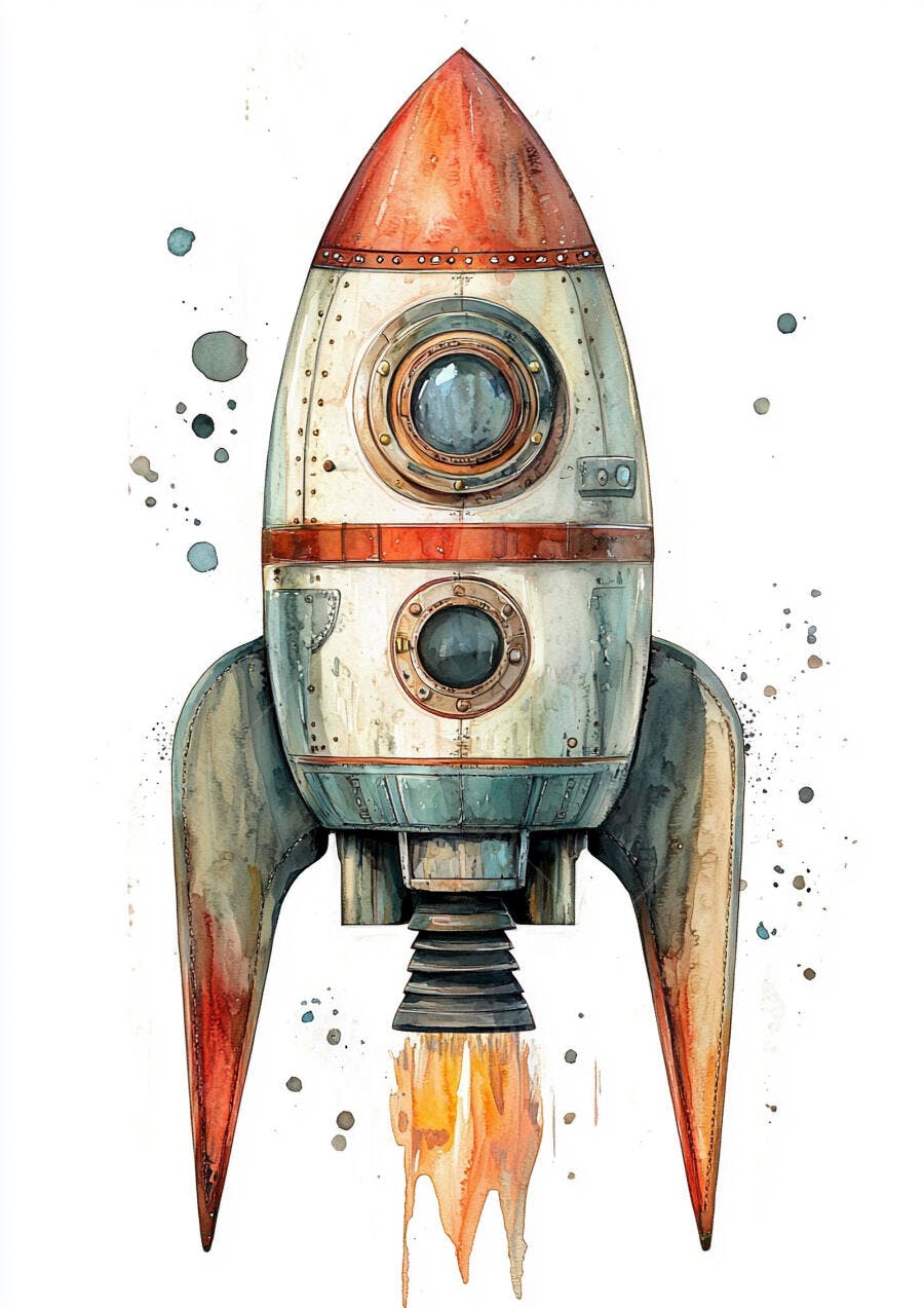 Foguete vintage de aquarela decolando com chamas vibrantes