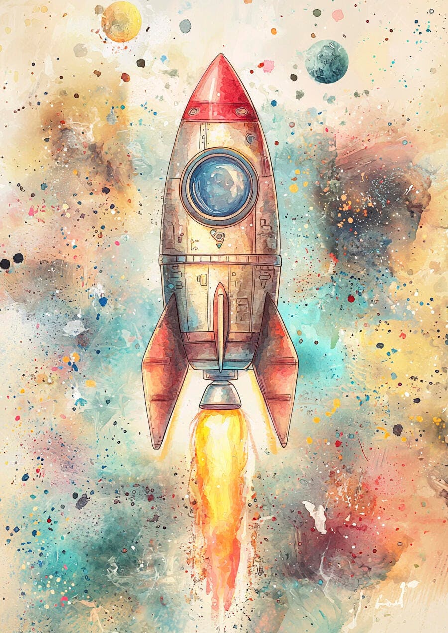 Foguete espacial em aquarela voando pelo cosmos colorido