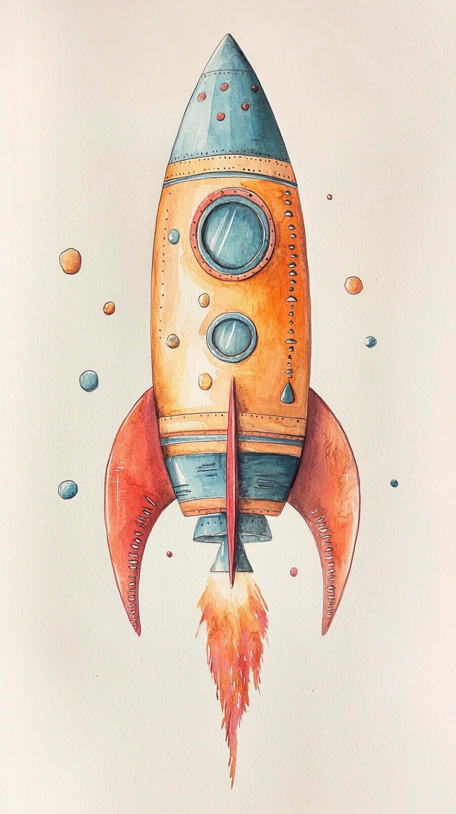 Foguete laranja e azul decolando com chamas ilustração aquarela