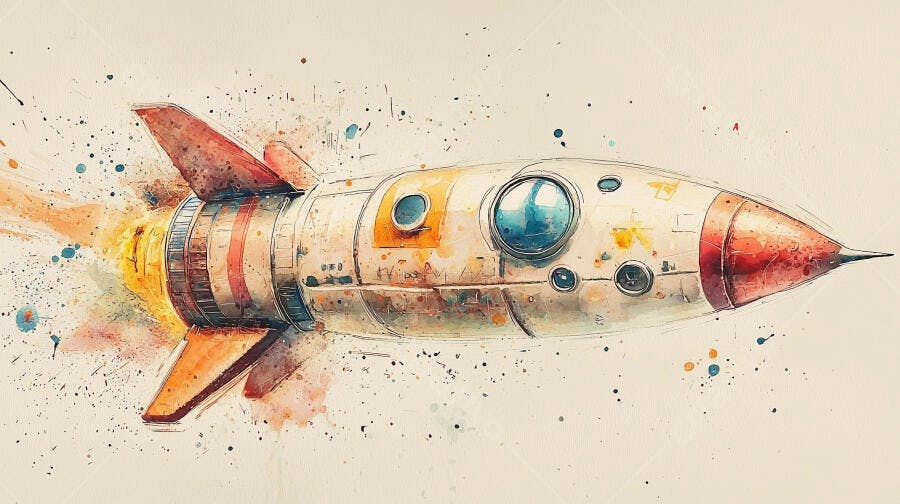 Foguete espacial ilustração aquarela com respingos coloridos