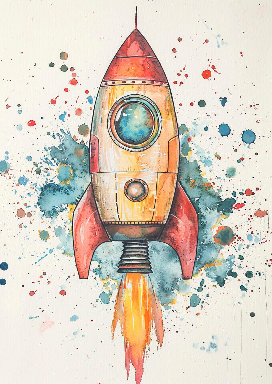 Foguete de aquarela colorido decolando em fundo branco artístico