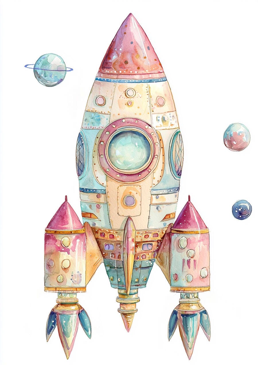 Foguete espacial de aquarela pastel com planetas flutuantes
