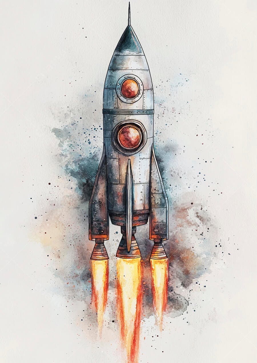 Foguete vintage decolando em ilustração aquarela cinza e laranja