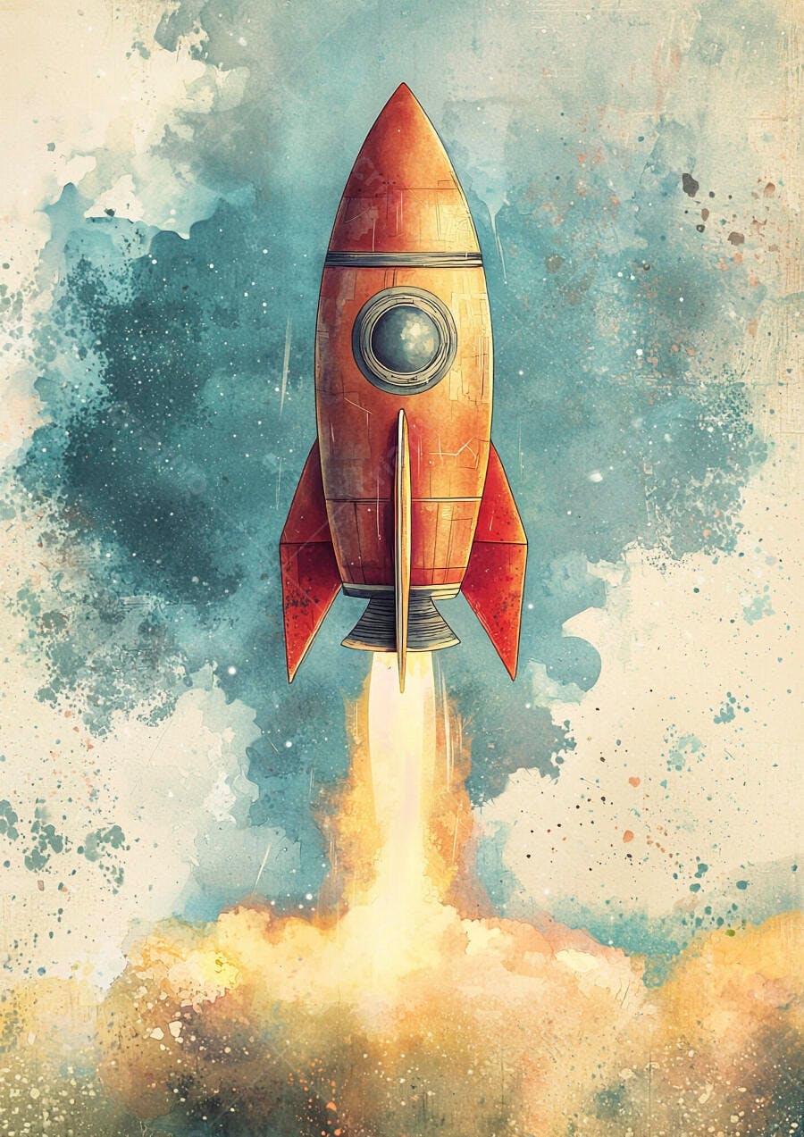 Foguete espacial laranja decolando em aquarela azul vibrante