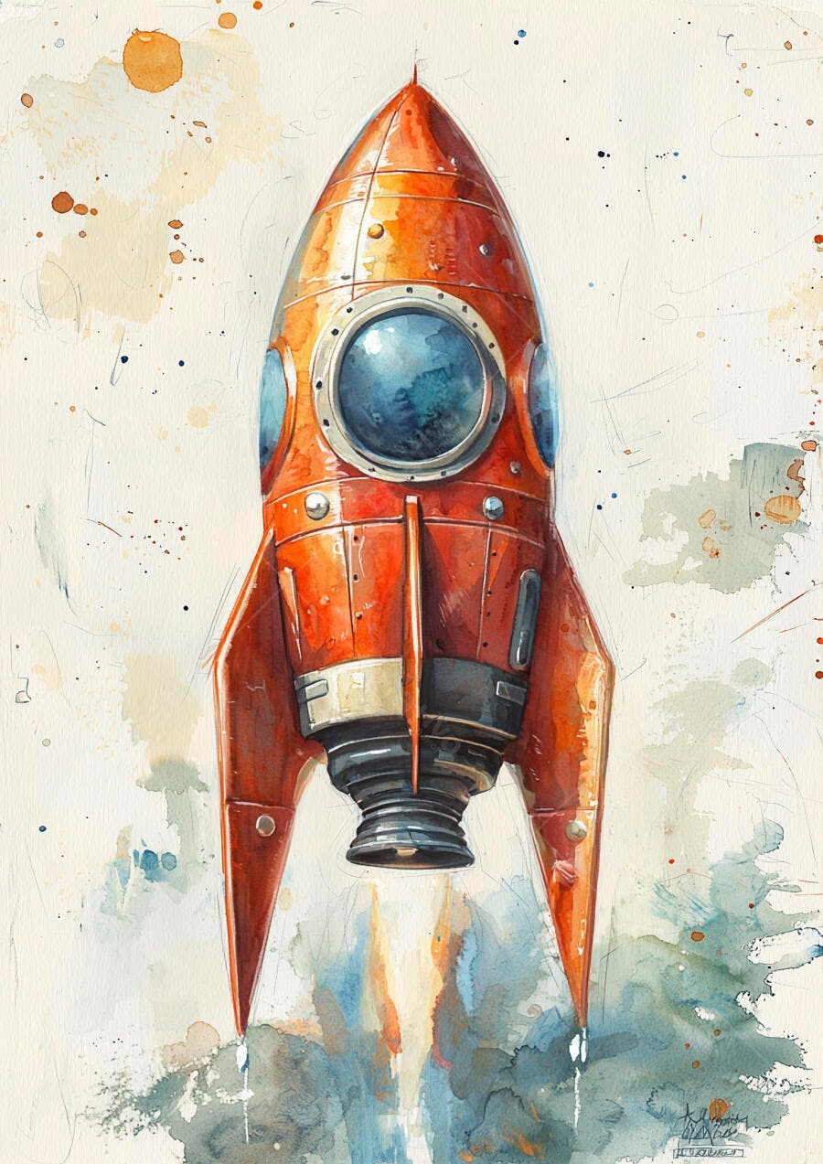 Foguete laranja vintage aquarela decolando com efeito de fumaça