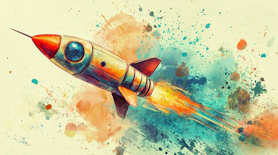 Foguete colorido aquarela em lançamento com jatos de fogo vibrantes
