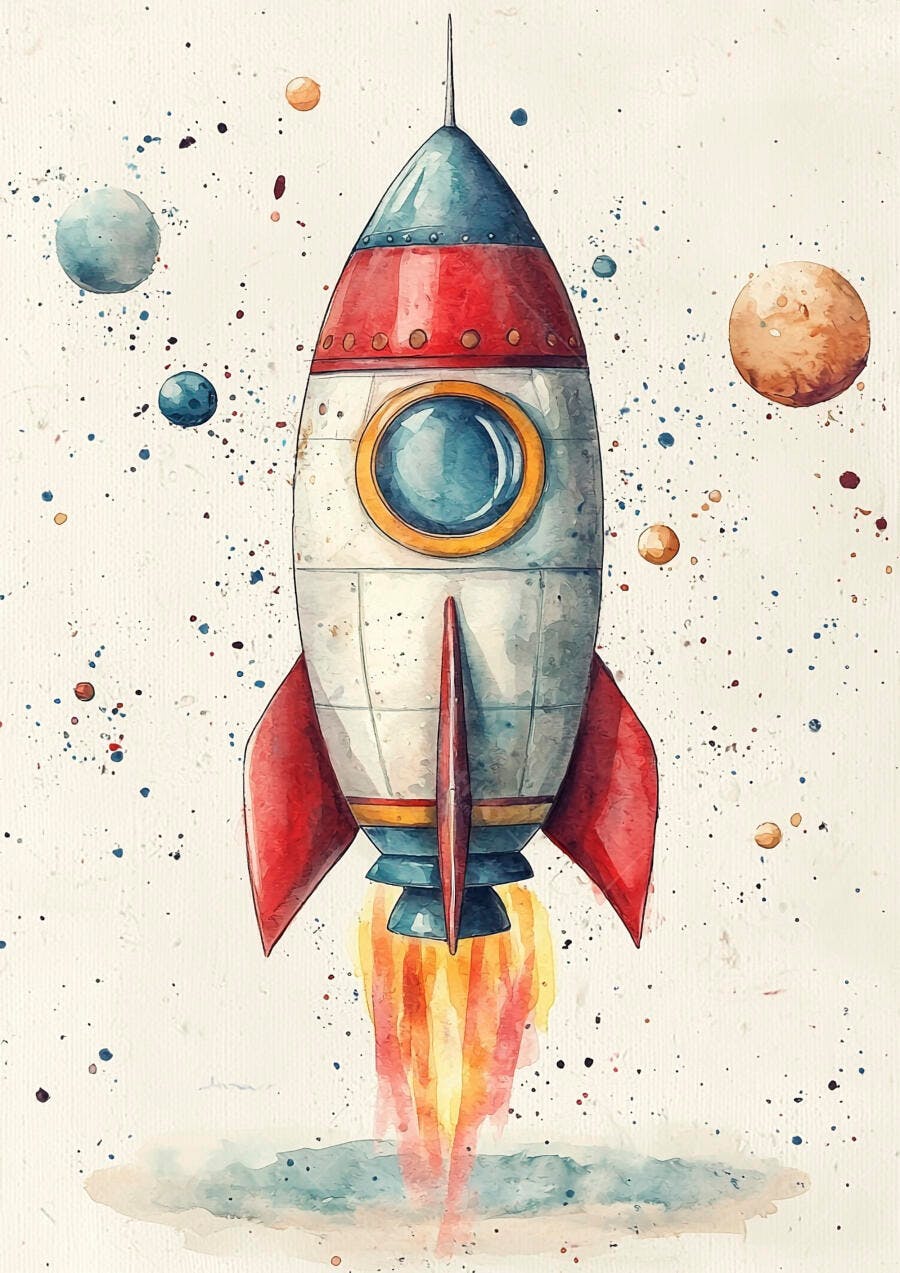 Foguete vermelho azul e branco lançando com planetas de aquarela