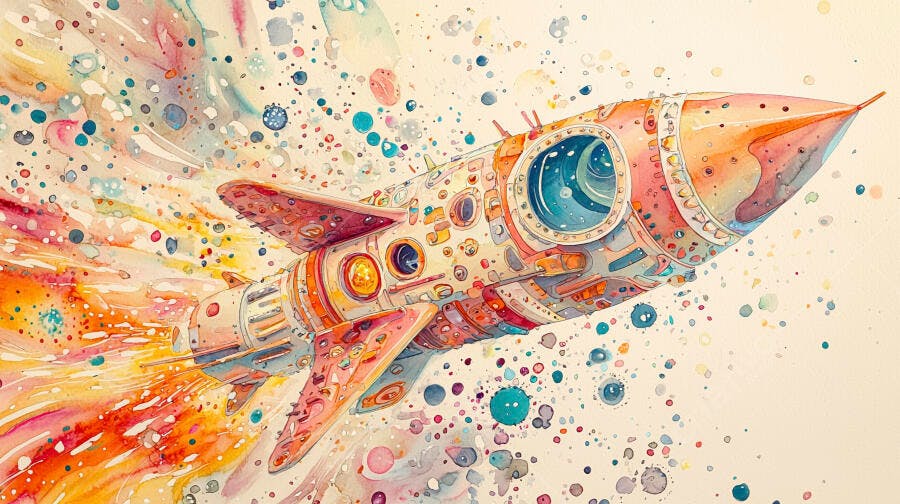 Foguete de aquarela colorido voando com rastro vibrante no espaço criativo