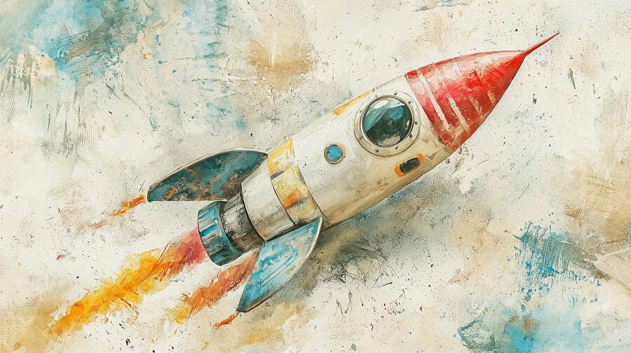 Foguete espacial branco e vermelho em lançamento com chamas estilo aquarela