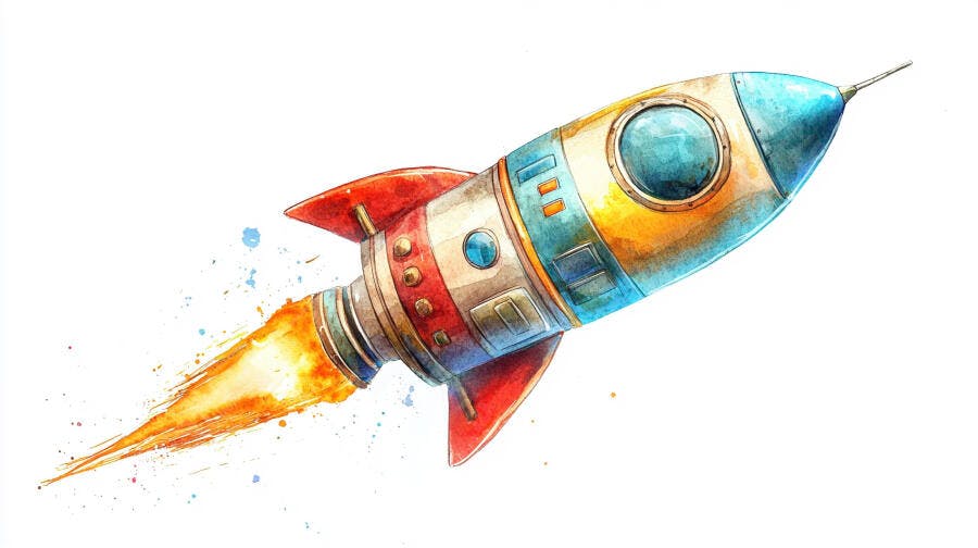 Foguete colorido estilo aquarela em lançamento com chamas laranja